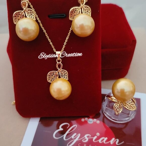 Golden Edison Pearl Jewelry Set (Earrings | Necklace | Ring) AAAA  w/Certificate - Picture 4 of 6